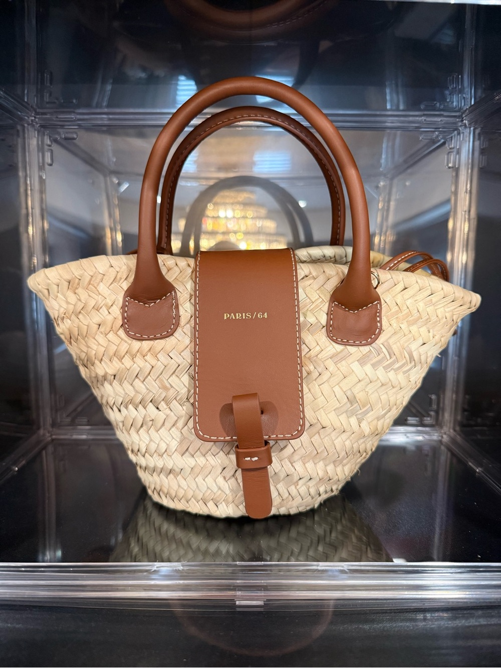 PARIS/64 Tan Straw Tote with Brown Leather Trim